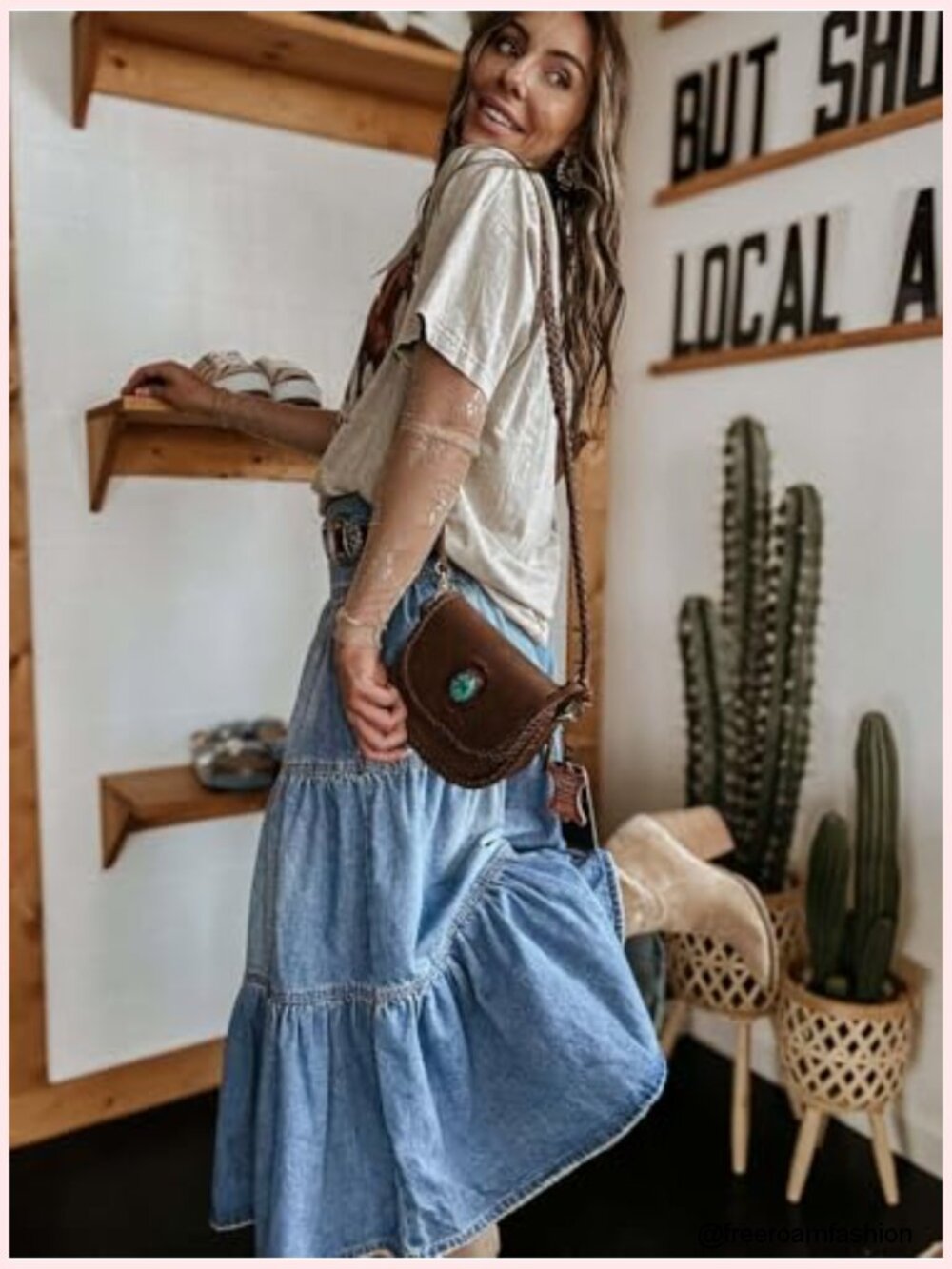 Women's Boho Frayed Tiered Denim Skirt A-Line Maxi Long Jean Skirt - Picture 4 of 5